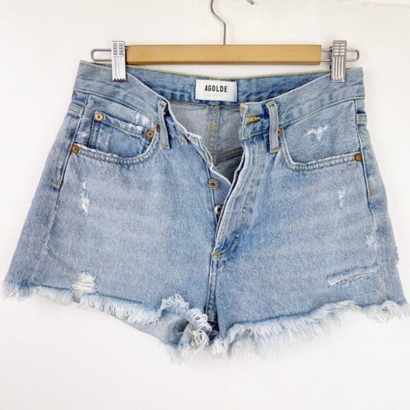 AGOLDE THE PARKER 100% cotton Hong rise raw hem denim shorts 24 - Picture 3 of 9